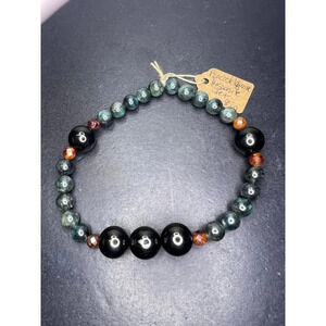 Peacock kyanite , Hessonite garnet, and jet stretch bracelet 8 inch